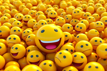 Large group of yellow balls with smiling face in the middle of them. Generative AI.