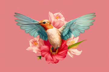 Image of hummingbird on pink background with pink and white flowers. Generative AI.