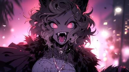 An angry werewolf girl transformation, cartoon synthwave style with an urban night as backdrop. Pink, blue, silver and purple colour theme. Created with Generative AI.