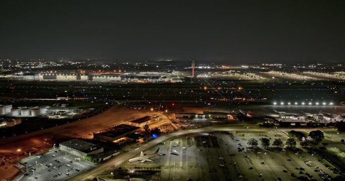 Atlanta Georgia Aerial v888 night hyperlapse drone flyover Hapeville college park capturing busy runway activities at ATL Hartsfield International Airport - Shot with Mavic 3 Pro Cine - June 2023