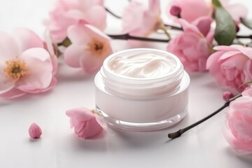 Obraz na płótnie Canvas Cosmetic cream pink flowers. Generate Ai
