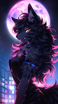 Sexy Werewolf Or Wolf Girl Fursona, Cartoon Synthwave Style With An Urban Night As Backdrop. Pink, Blue, Silver And Purple Colour Theme. Mobile Wallpaper Inspiration. Created With Generative AI.