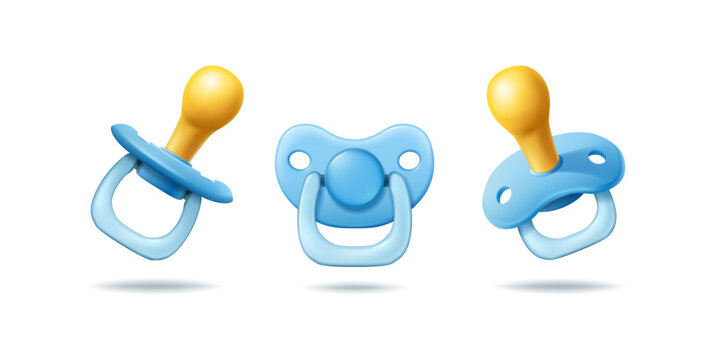 3d realistic vector icon illustration set. Blue baby boy pacifier in front side view. Isolated.