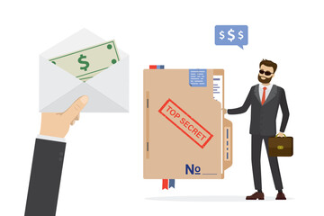 Secret agent holds folder with red stamp - top secret. Spy man or politician sells secret documents. State or industrial espionage. Corruption, bribes, illegal activities.