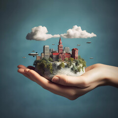 Time to travel concept, human hand holding a city scenery with clouds, and airplane, Small world, photo use for travel concept illustration, advertising, poster, cover, Generative ai.