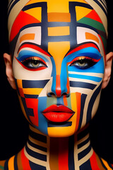 Woman's face is painted with multicolored lines and shapes. Generative AI.