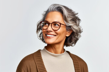 Older woman wearing glasses and brown sweater smiles at the camera with smile on her face. Generative AI.