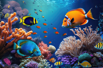 Obraz na płótnie Canvas A colorful aquarium teeming with tropical fish and vibrant coral, capturing the beauty and tranquility of keeping aquatic pets, generative AI