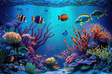 A colorful aquarium teeming with tropical fish and vibrant coral, capturing the beauty and tranquility of keeping aquatic pets, generative AI