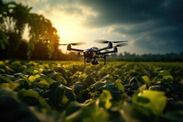 A small flying drone is circling a field with plants at sunset. Future farming. Unmanned crop monitoring and smart agriculture.