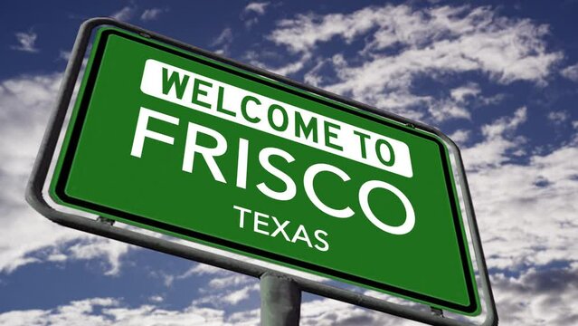 Welcome to Frisco, Texas. USA City Road Sign Close Up, Realistic 3d Animation