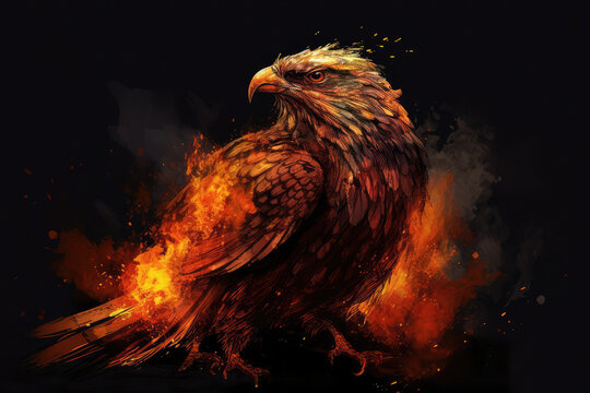 A digital illustration of a Falcon engulfed in flames, symbolizing destruction, chaos, or revolution, generative AI
