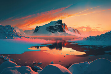 Fototapeta na wymiar a frozen landscape at sunset, with the sky ablaze in hues of orange and pink, contrasting against the icy blue tones of the frozen terrain, generative AI