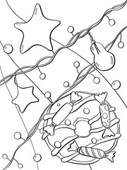 contour line illustration cartoon style coloring page holiday new year garland stars lights and sweet donut flatlay printable