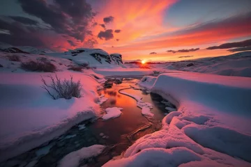 Foto op Plexiglas a frozen landscape at sunset, with the sky ablaze in hues of orange and pink, contrasting against the icy blue tones of the frozen terrain, generative AI © Kien