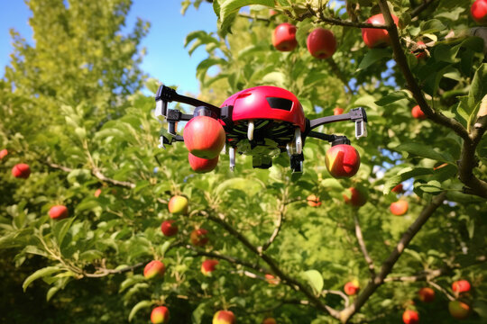 A red drone picking apples in an orchard. Future farming and robot assistants.