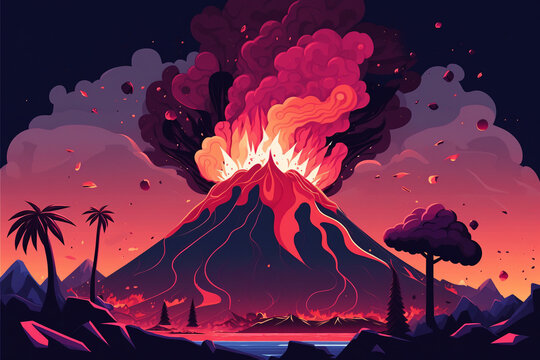  Generative AI. Volcano with smoke, rocks and palm trees isolated on white background. Vector cartoon set of volcanic eruption, mountain with smoking crater, tropical plants and stones