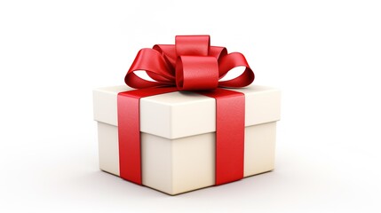 Gift with red satin ribbon and bow on white background 