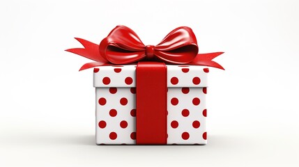Gift with red satin ribbon and bow on white background 