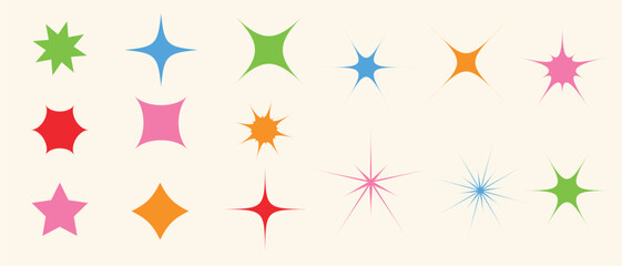 Set of figures, shapes and stars in abstract modern style. Stylish stars for web resources, banners and posters. Collection of contemporary figure, sparkle, flower in 70s groovy style. Geometry