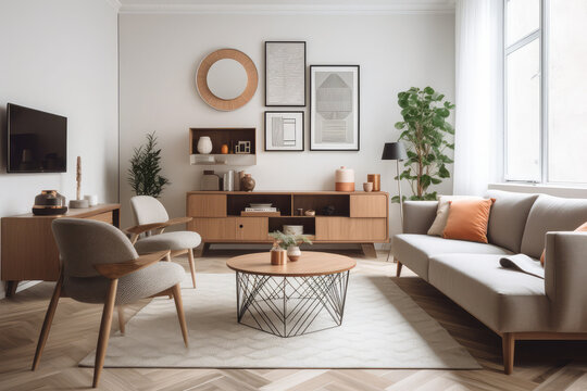 modern living room with a collection of geometric-inspired furniture, generative AI