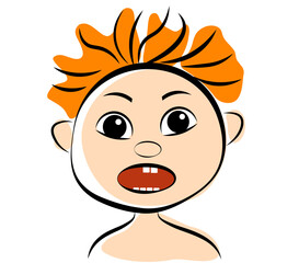Portrait of a red-haired boy without teeth on a white background. Vector illustration in doodle style.