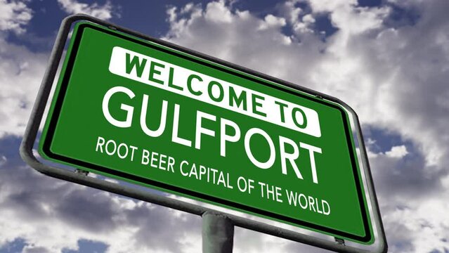 Welcome to Gulfport, Mississippi, Root Beer Capital of the World. USA City Road Sign Close Up, Realistic Animation