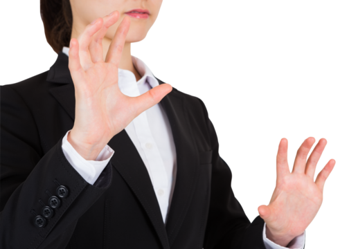 Digital png photo of mid section of asian businesswoman raising hands on transparent background - Powered by Adobe