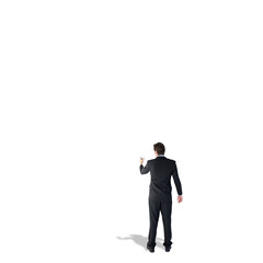 Digital png small photo of back view of businessman writing with marker on transparent background