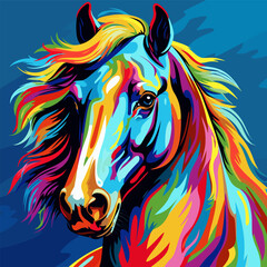 Painting of horse with multi - colored hair on blue background.