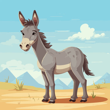 Cartoon donkey standing in the middle of desert area with mountains in the background.