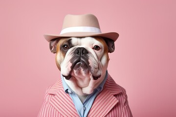 bulldog in a hat on a pink background ondemand photo, in the style of charming characters, red and blue, normcore, stylish costume design