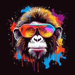Monkey wearing sunglasses with splash of paint on it's face.