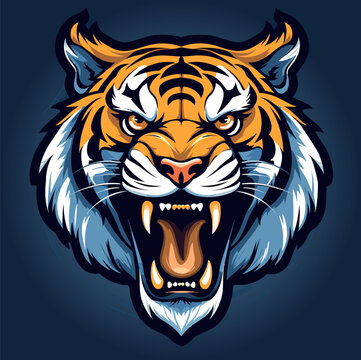 Tiger's head with open mouth on dark blue background.