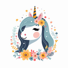 Illustration of unicorn with flowers and stars on it's head.