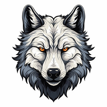 Wolf's head with orange eyes and black mane on white background.