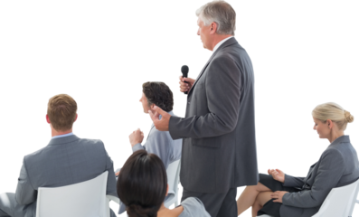 Digital png photo of focused business people participating in meeting on transparent background