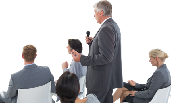 Digital png photo of focused business people participating in meeting on transparent background