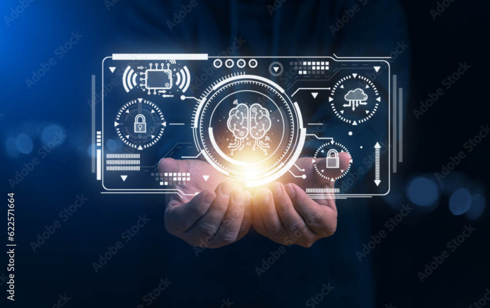 Poster ai learning and artificial intelligence concept. cyber security data protection business technology 