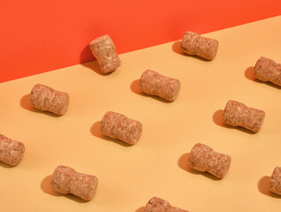 A pattern of corks from alcohol bottles on colorful background. Alcohol party.