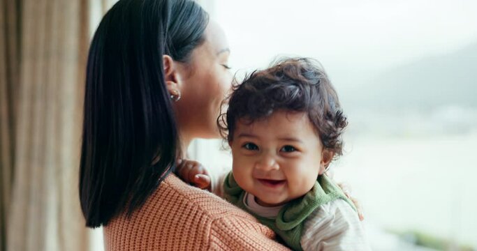 Laugh, love and mother with baby in a family home for comfort, relax and quality time. Happiness, smile and health with a woman and infant child at apartment window for care, security or bonding