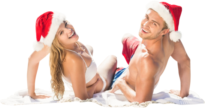 Digital png photo of happy caucasian couple in santa's hat on transparent background