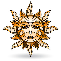 Illustration in stained glass style with sun with face on a white background isolated, tone brown