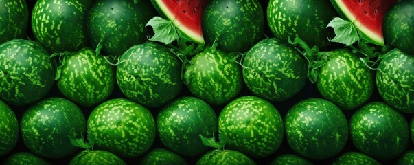 Many fresh red watermelons detailed background, summer panorama. Generative Ai.