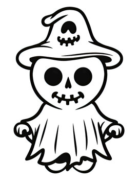 Ghost witch, with friendly jack - o' - lantern, ,Skeleton Coloring pages for kids illustration, style of coloring book ,black and white 3:4.