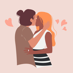 Multiethnic gay couple are proud to be. Young homosexuals gay couple love each other. Element lgbt and gay parade, protest. Vector illustration with lgbt girls.
