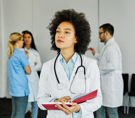 doctor nurse portrait woman hospital group team medical serious thinking working idea concentration planning problem thoughtful creative solution uniform health