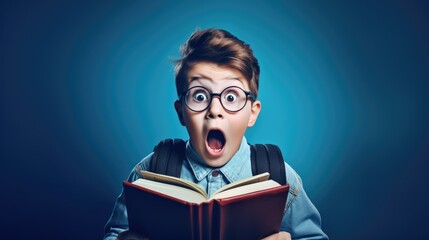 Surprised little boy in glasses with backpack reading book on blue background. Back to school concept. - obrazy, fototapety, plakaty