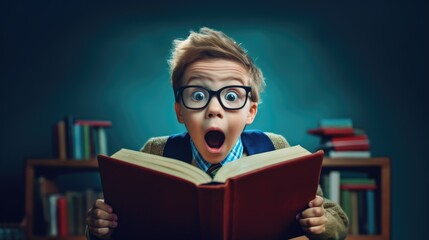 Surprised little boy in glasses with backpack reading book on blue background. Back to school concept.