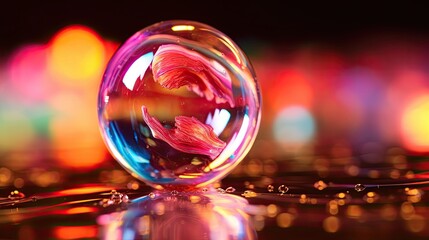 Close up of a colorful crystal ball with a red fish inside